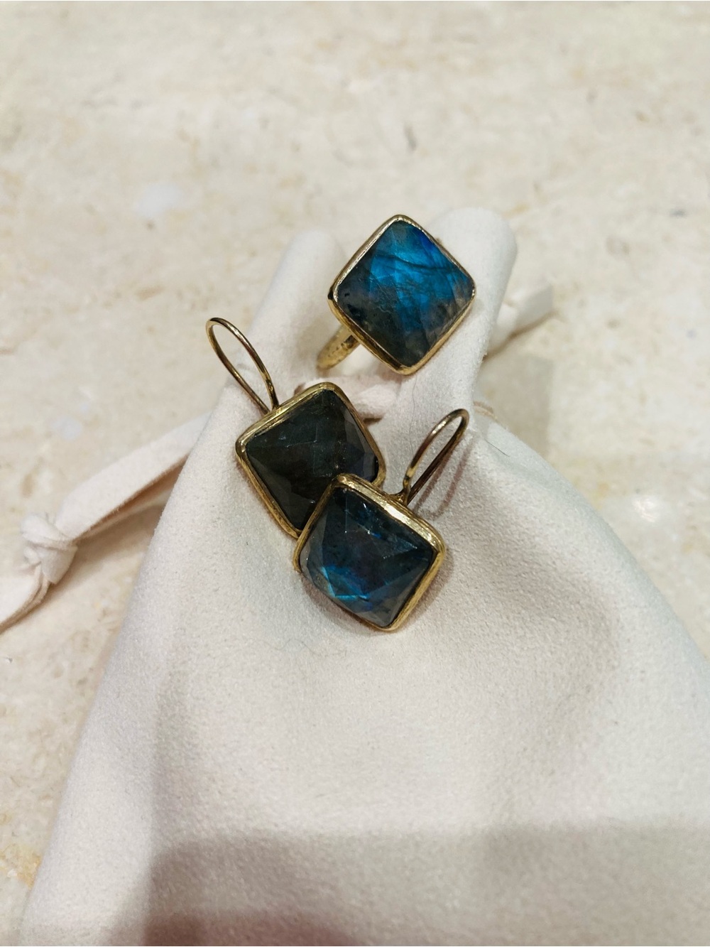 Gold-Set Labradorite Square Ring and Earrings - Blue-Green Gemstone Set